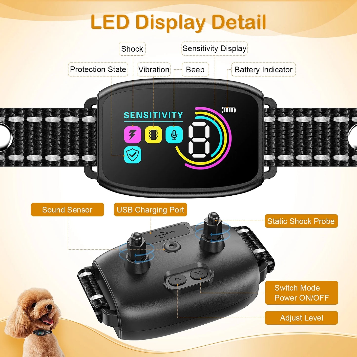 Bark Collar for Dog, anti Barking Dog Collar for Large Medium Dogs, Smart Auto Training Dog Collar with Screen, Rechargeable Adjustable Shock Collar W/ 8 Levels Beep Vibration Shock Modes